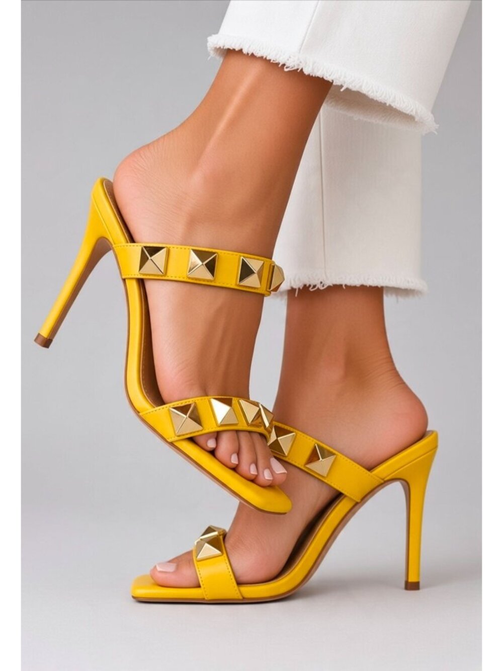 Yellow Gold Studded Double Strap Square Toe Stiletto Heel Mule Sandals